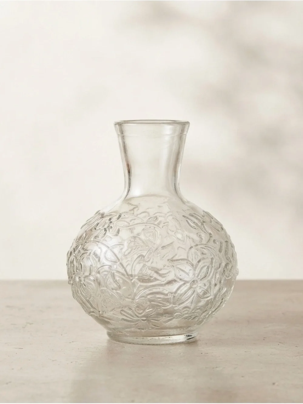 Vintage Clear Glass Water Decanter Embossed Floral Pattern Carafe Budvase